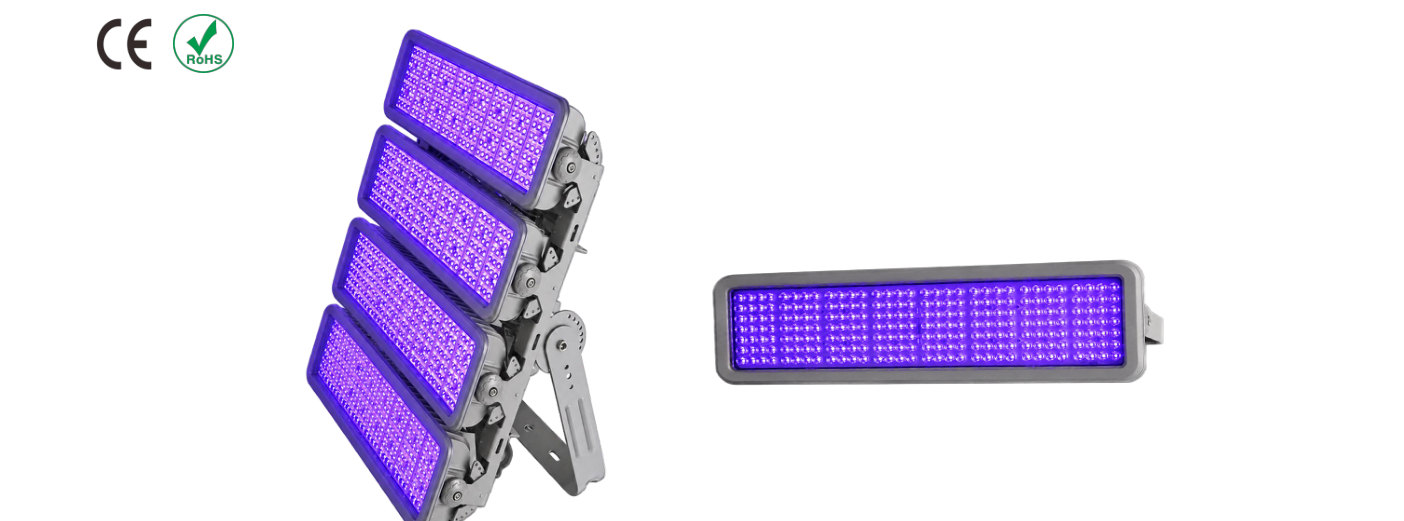 Modular high-power UV-A floodlight with stacked LED modules and a single module beside it