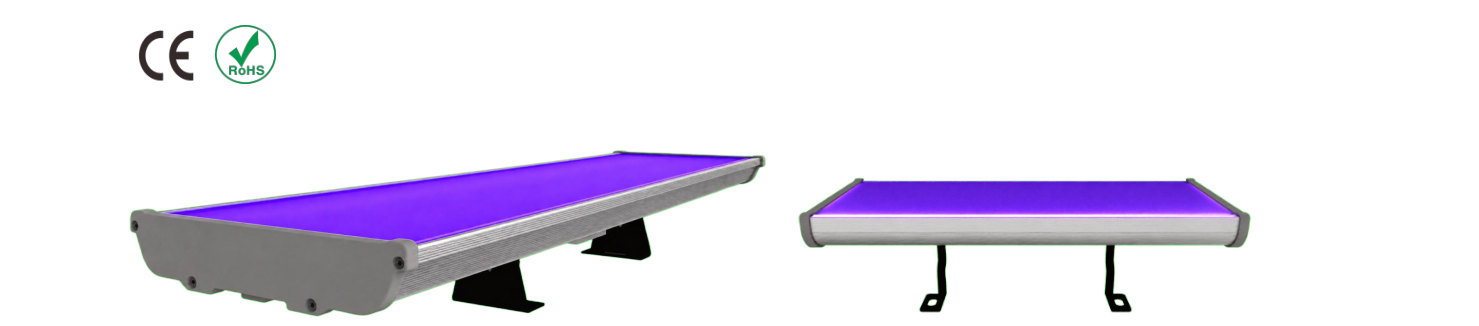 Long dual-source linear LED fixture, white diffuser face and mounting feet