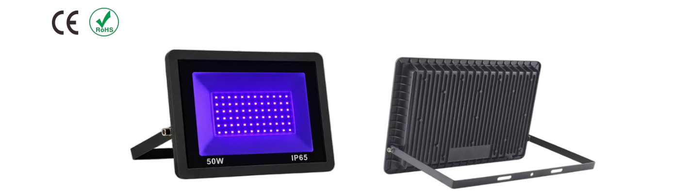 PGTG 50 W IP65 UV floodlight, front face and finned rear with stirrup