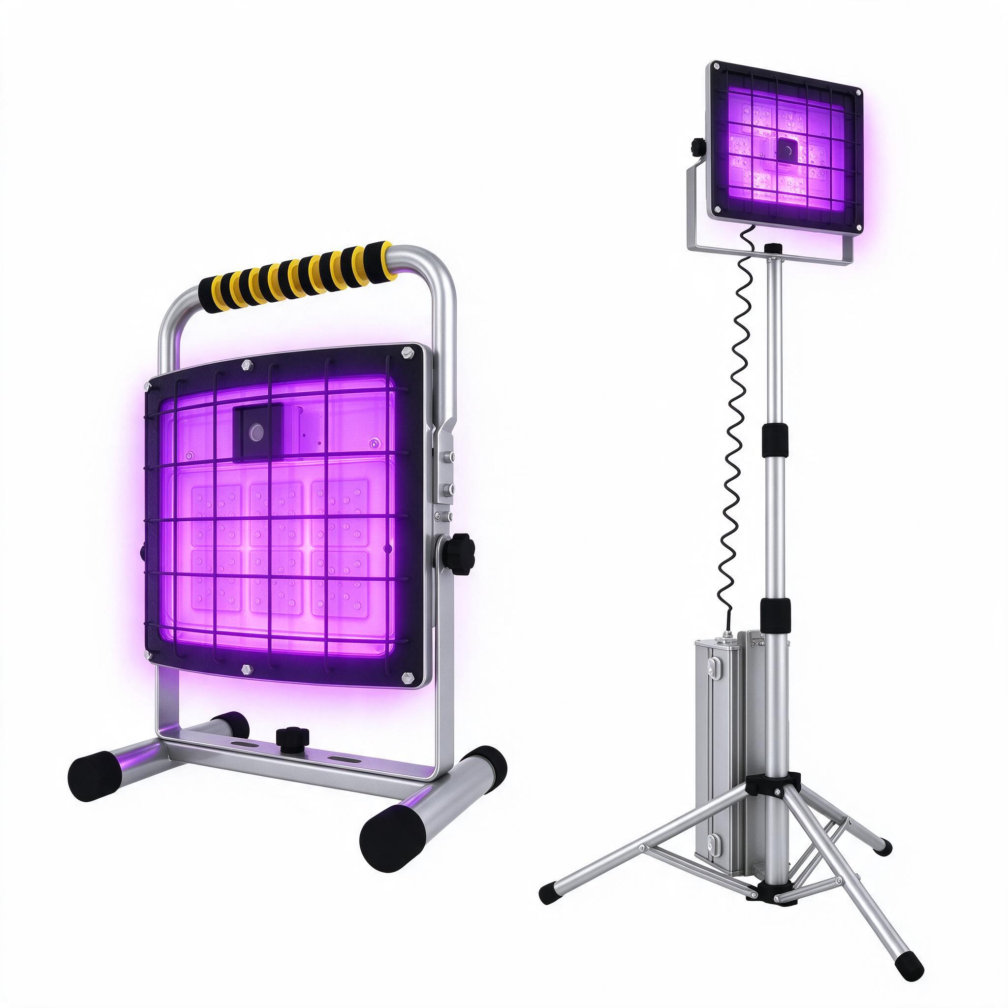 Portable UV-A flood on a stand, and the same head raised on a telescopic tripod