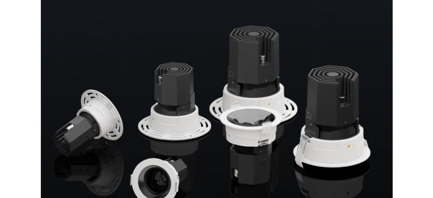 Family of recessed UV-A spotlights in several diameters on a black surface