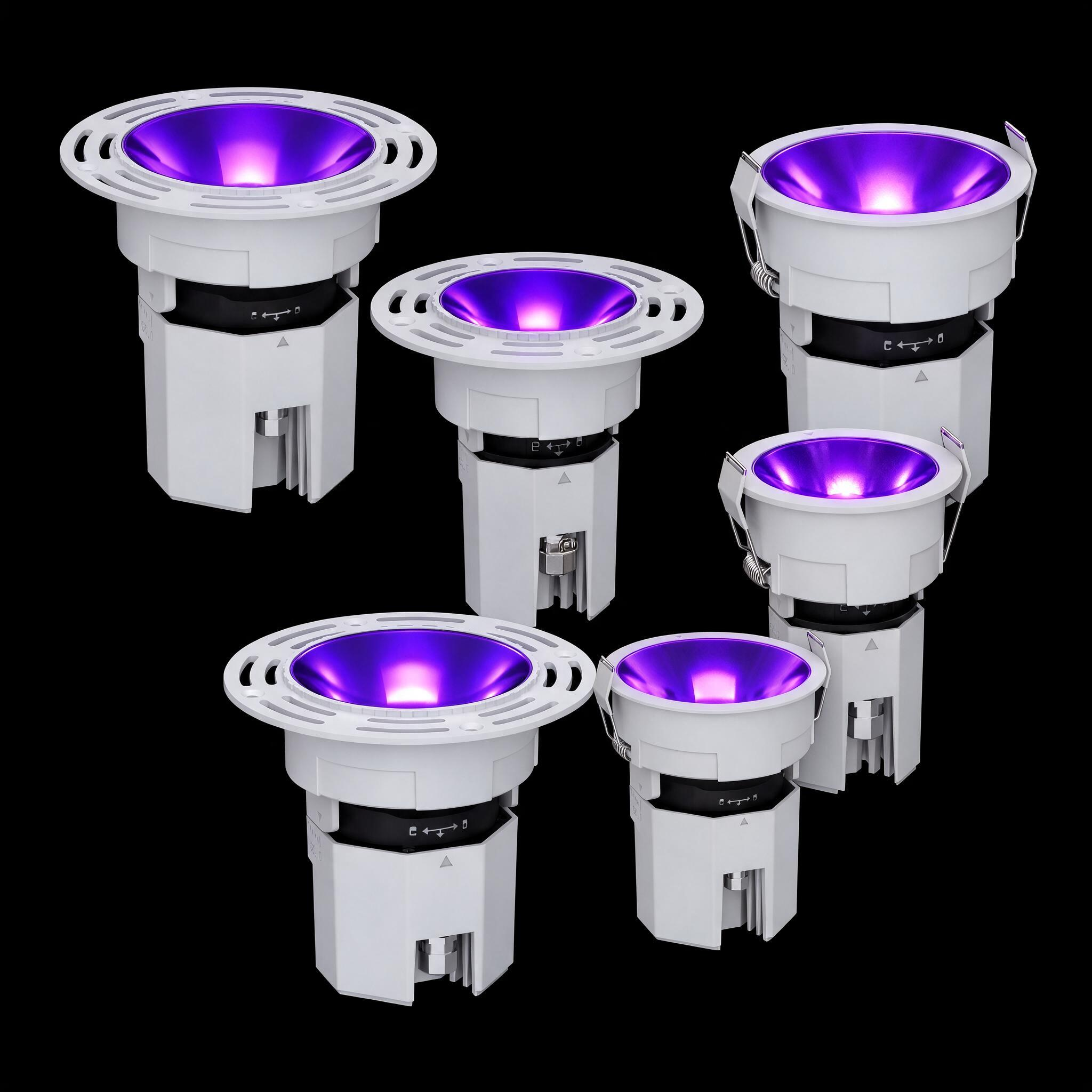TH-249 recessed UV-A spotlights, white housings with purple reflectors