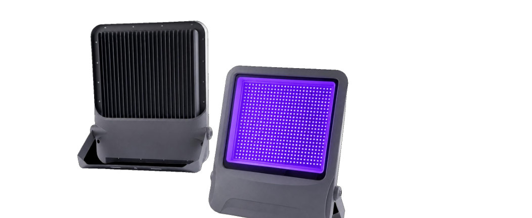XYTG UV floodlight, finned rear housing and LED face on a yoke