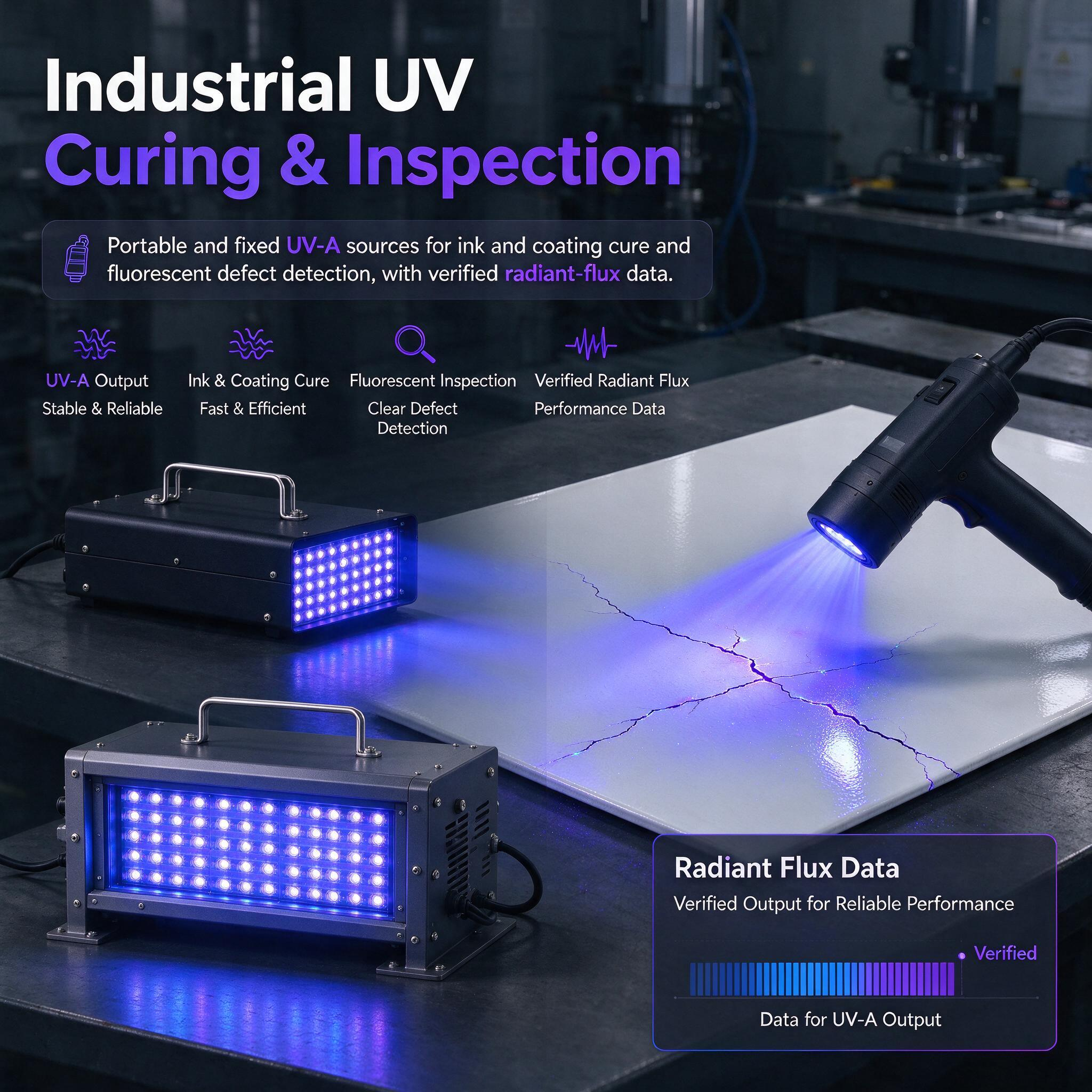 Portable UV-A lamps and a handheld light revealing a fluorescent crack